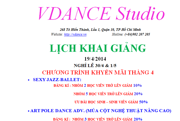 Lịch khai giảng các lớp học nhảy tại Vdance Studio