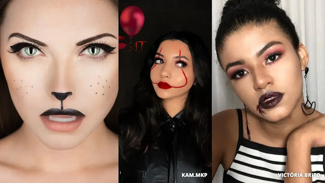Maquiagem de Halloween Feminina gata, vampira e it coisa