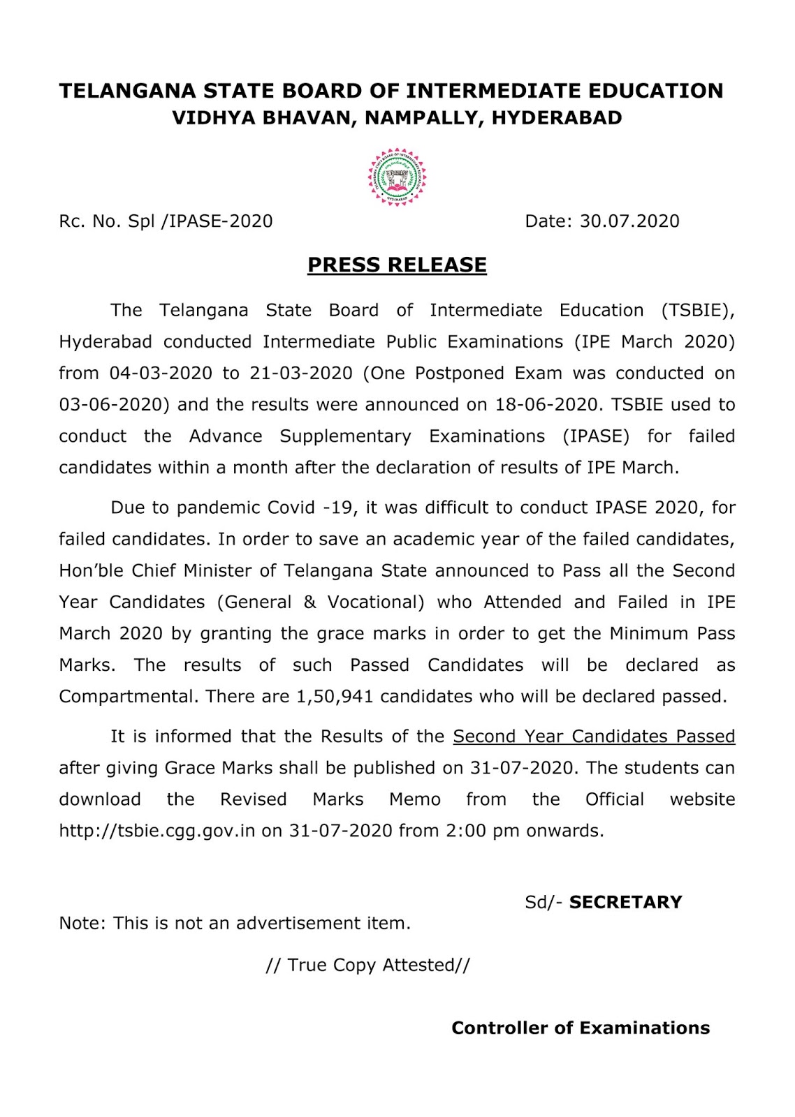 Telangana Intermediate Board Results of the 2nd Year Candidates Grace Marks Notification