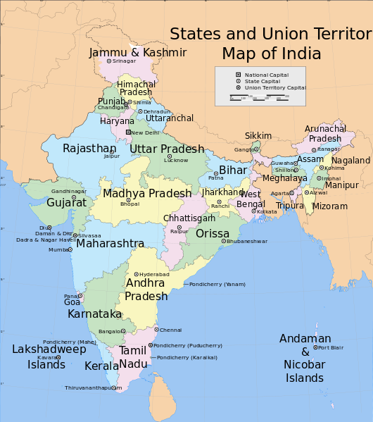 Map of Indian States and Union Territories with Capitals