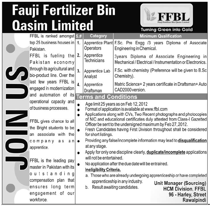 Fauji Fertilizer Bin Qasim Limited JobsRawalpindi world jobs corner