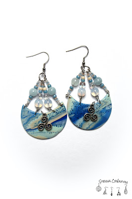 Boucles oreilles pâte polymère Mokume Gane Bleu Sahara Feuilles métallique bleues Cernit Fimo Stenna Création