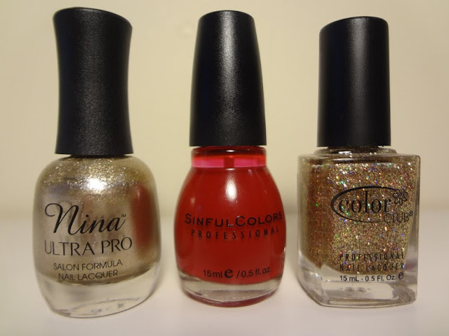 Gold polish, red polish, gold glitter polish