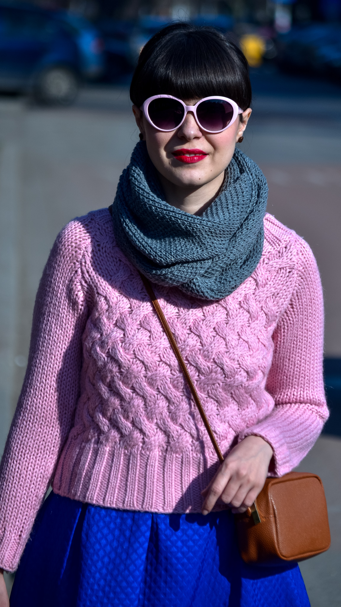 dusty pink sweater cobalt blue skirt koton brown bag satchel H&M grey scarf pinkish heels pink eyeglasses spring 