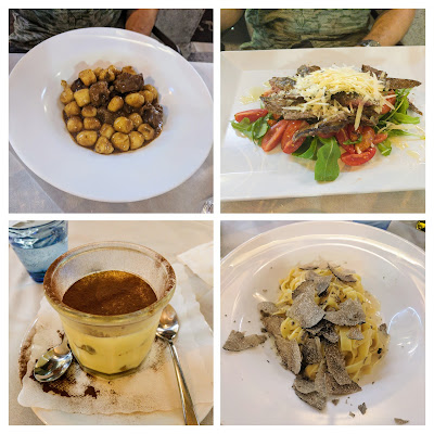 Collage of dinner dishes at a restaurant in Trieste