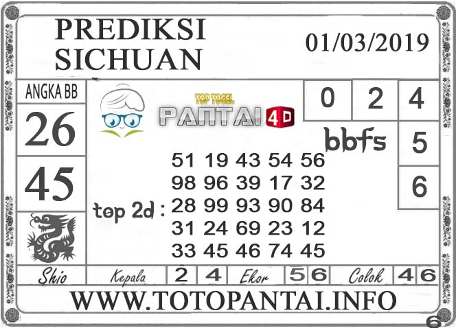 Prediksi Togel “SICHUAN” PANTAI4D 01 MARET 2019