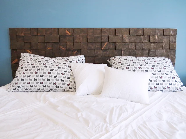 wood block headboard installed on wall