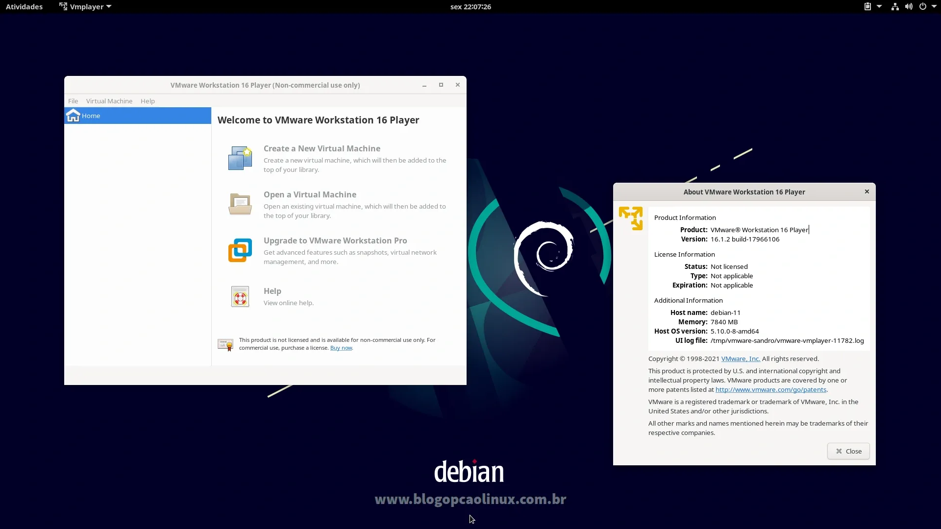 VMware Workstation Player executando no Debian 11 Bullseye, com o ambiente de área de trabalho GNOME