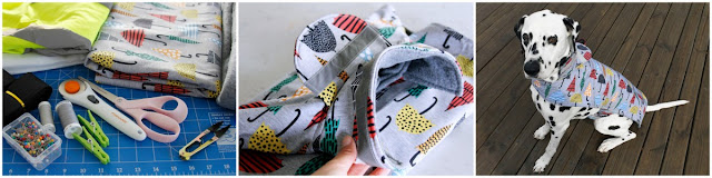 DIY Waterproof Dog Raincoat Sewing materials for making a dog raincoat with picture of the finished coat