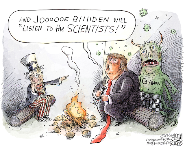 Donald Trump and Uncle Sam sitting at a campfire.  Donald Trump, with QAnon behind him, is winding up a scarey story saying, 