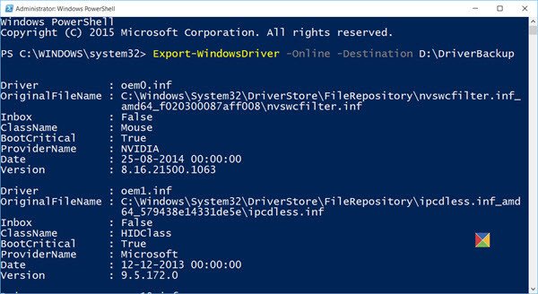 Controladores de dispositivo de copia de seguridad PowerShell