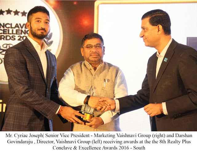 Vaishnavi Group recipient of awards in 3 coveted categories and the Scroll of Honour at the 8th Realty Plus Conclave & Excellence Awards 2016 Vaishnavi Group recipient of awards in 3 coveted categories and the Scroll of Honour at the 8th Realty Plus Conclave & Excellence Awards 2016