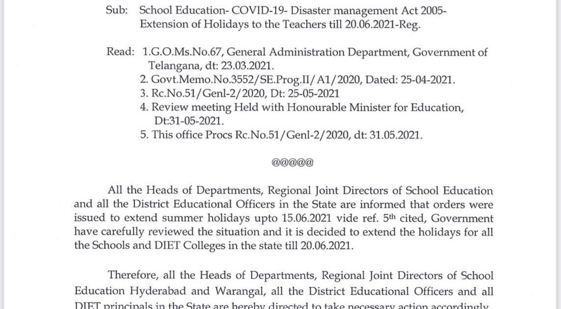 Extension of Summer Holidays for Telangana Schools up to 20.06.2021