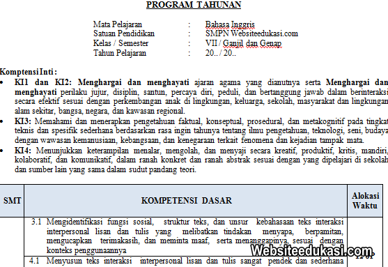Prota Bahasa Inggris Kelas 7 Kurikulum 2013 Revisi Terbaru Websiteedukasi Com