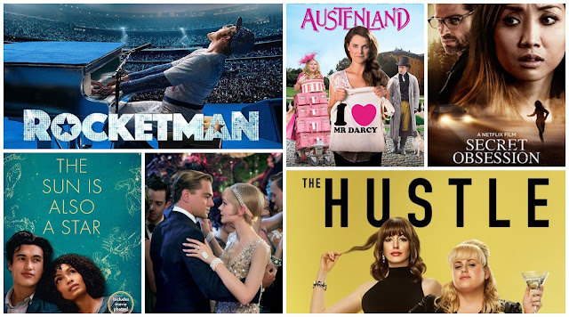 collage - Rocketman, The Sun Is Also A Star, The Hustle, Secret Obsession, Austenland, The Great Gatsby