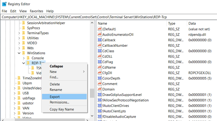 Exportar configuración de registro RDP TCP