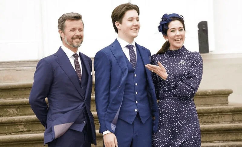 Princess Isabella wore a new Abra french nougat blazer and trousers from InWear. Iris and Ink Alison polka-dot satin midi dress
