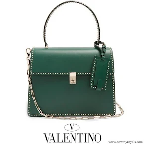 Queen Maxima carried Valentino Green Stud Stitching Leather Tote