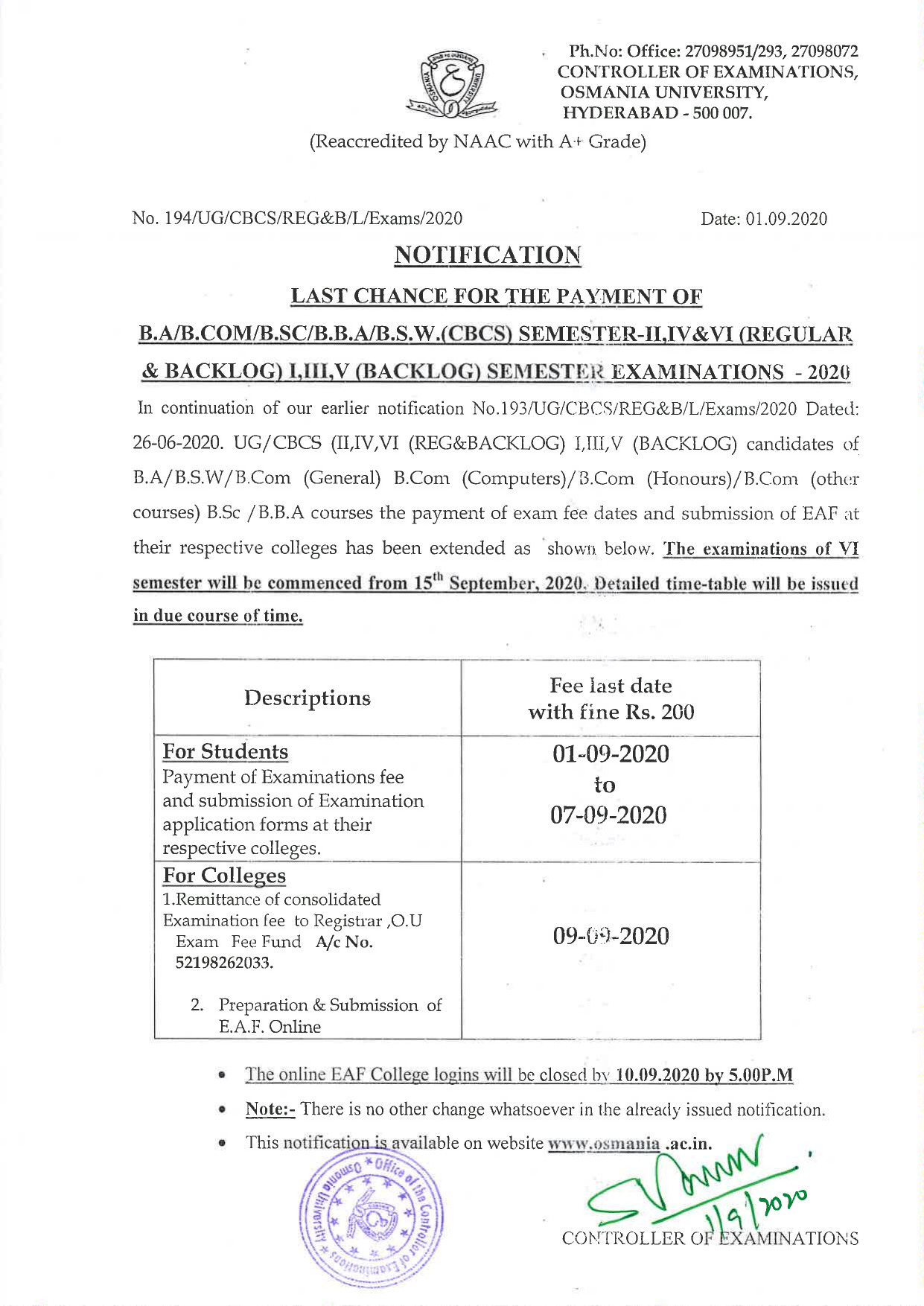 Osmania University UG (CBCS) Regular & Backlog Sep 2020 Exam Fee Notification