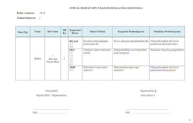 Jurnal Harian Kelas 1 Semester 1 SD/MI