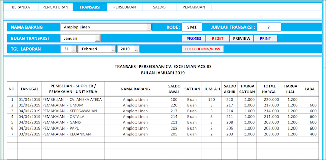 Halaman Laporan Transaksi Aplikasi Excel Laporan Stock Persediaan Versi 4