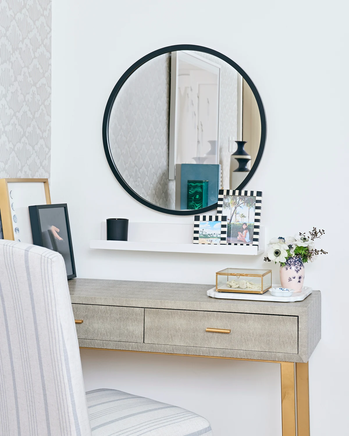 calm neutral master bedroom, Rambling Renovators, round mirror, Bellacor shagreen vanity
