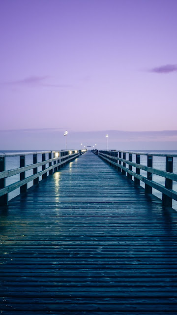 Calm water, Wooden Pier, Purple twilight sky, Pier, Sea