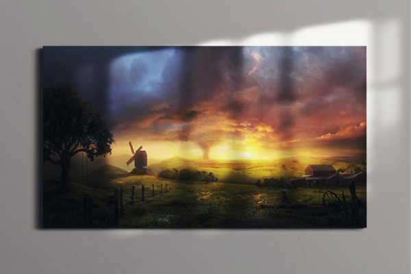 art print of a windmill and tornado scene