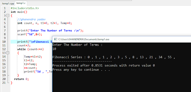The Output of C Program for Fibonacci Series
