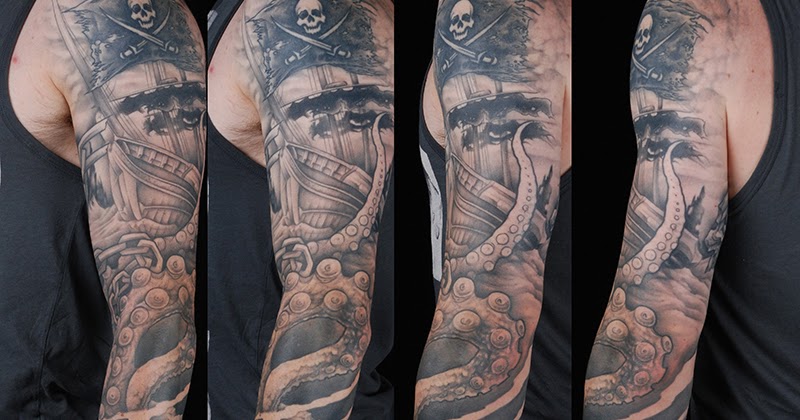 Monki Do Tattoo Studio: Pirate Ship Full Sleeve Tattoo by Andy Bowler ...