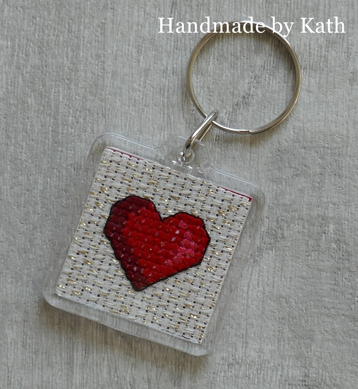 Handmade by Kath Cross Stitch Heart Keyring
