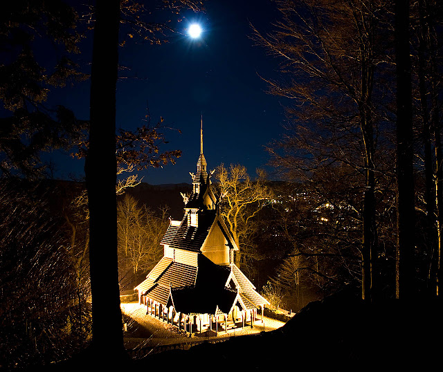 The Fantoft Stave Church that stands here today is actually a replica of a church built in 1150 that was moved from its original home in Sogn to this site in Bergen at the end of the 19th century. Because of a string of arson that plagued many of Norway's stave churches during the 1990s, it too succumbed in 1993 but was rebuilt and opened in 1997. Photo: WikiMedia.org.