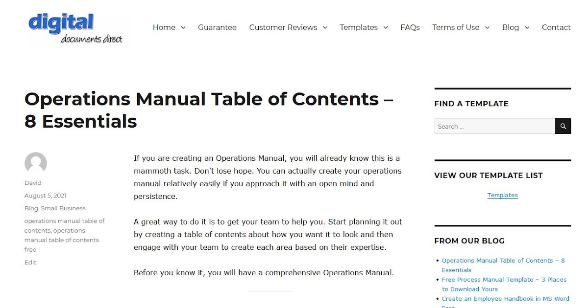 Operations Manual Table of Contents – 8 Essentials