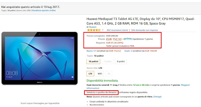 Offerta Amazon: Huawei MediaPad T3 10 LTE disponibile a 152 euro venduto e spedito da Amazon