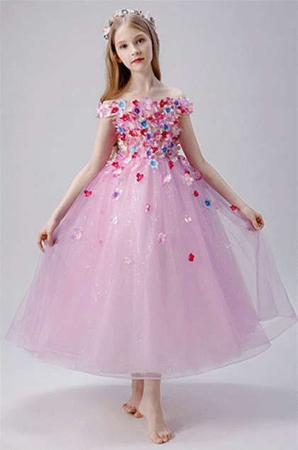 Pink Flower Applique Little Girl Dress