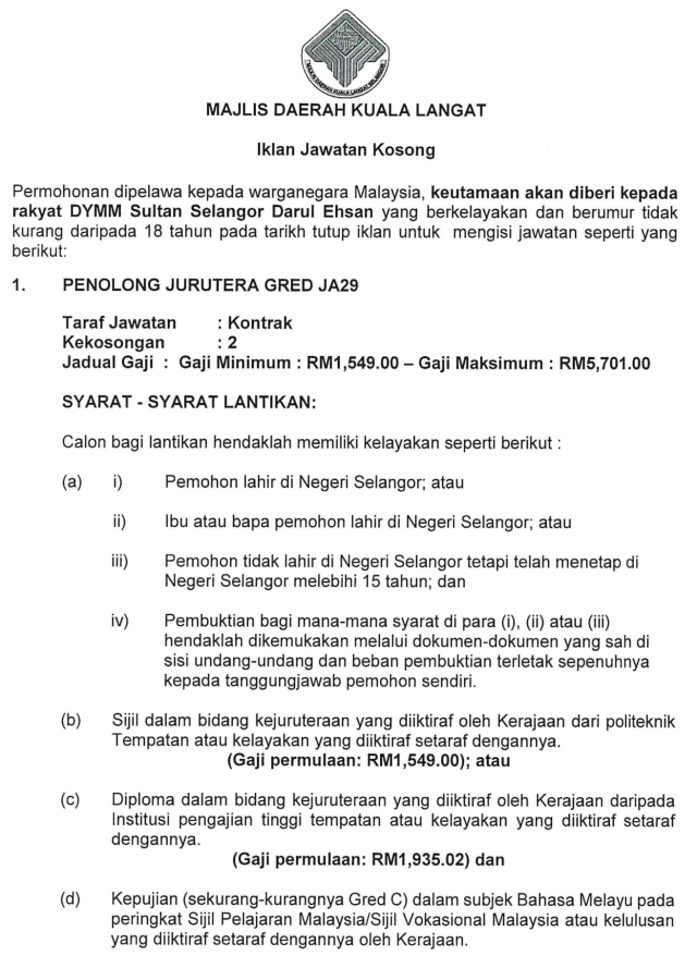 Jawatan Kosong Majlis Daerah Kuala Langat (MDKL) Februari 2020