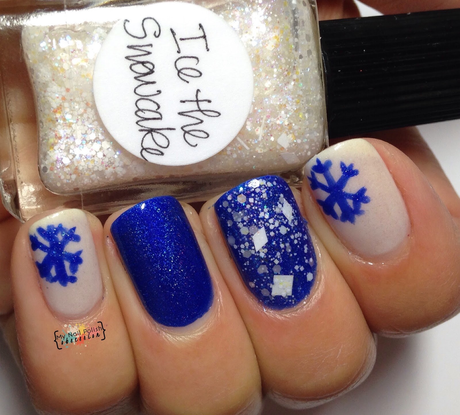 Blue Christmas mani, Lumina Lacquer Homesick at Spacecamp, The Nail Junkie Snowflake, Lynnderella Ice the Snowcake