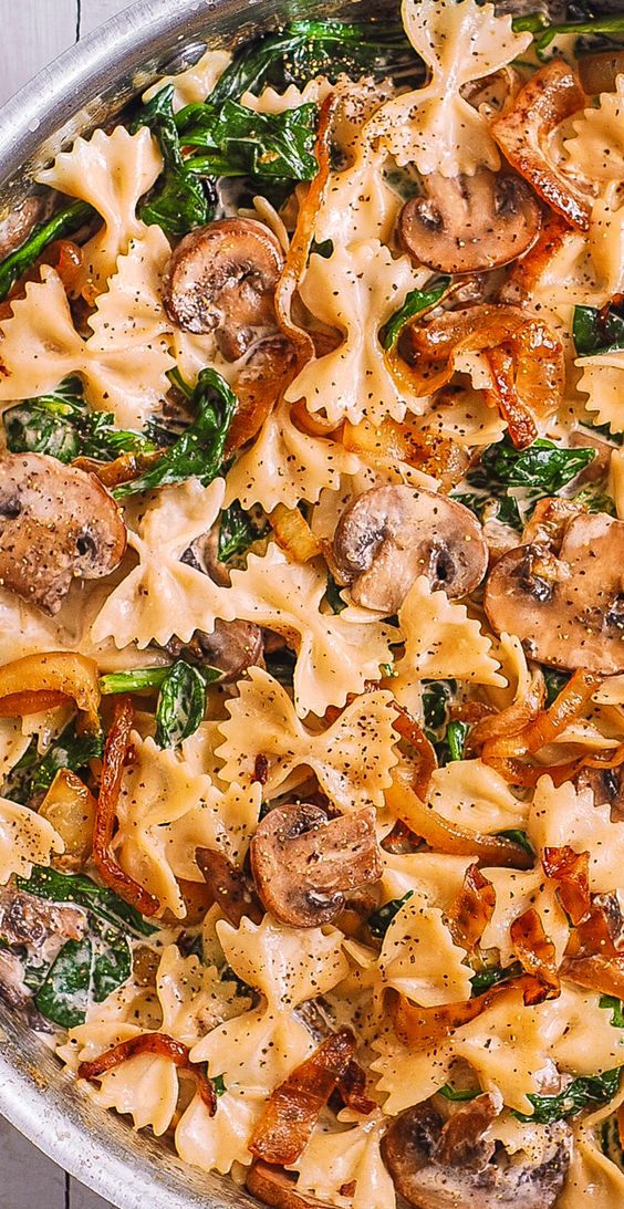Creamy Bow Tie Pasta with Mushrooms, Spinach, Caramelized Onions