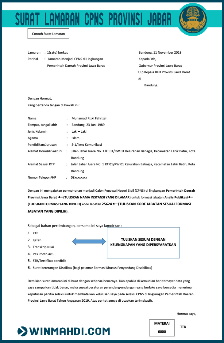 Contoh Format Surat Lamaran CPNS Provinsi Jabar
