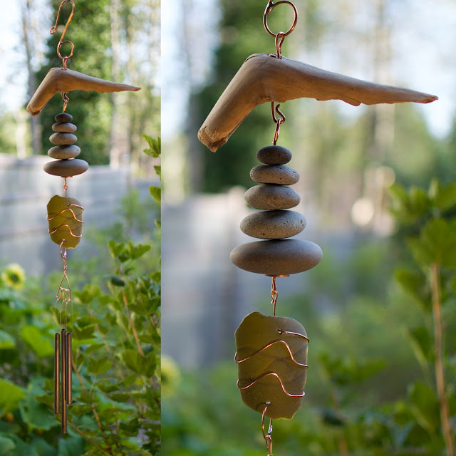 Natural driftwood and beach stones, copper wrapped sea glass, brass chimes