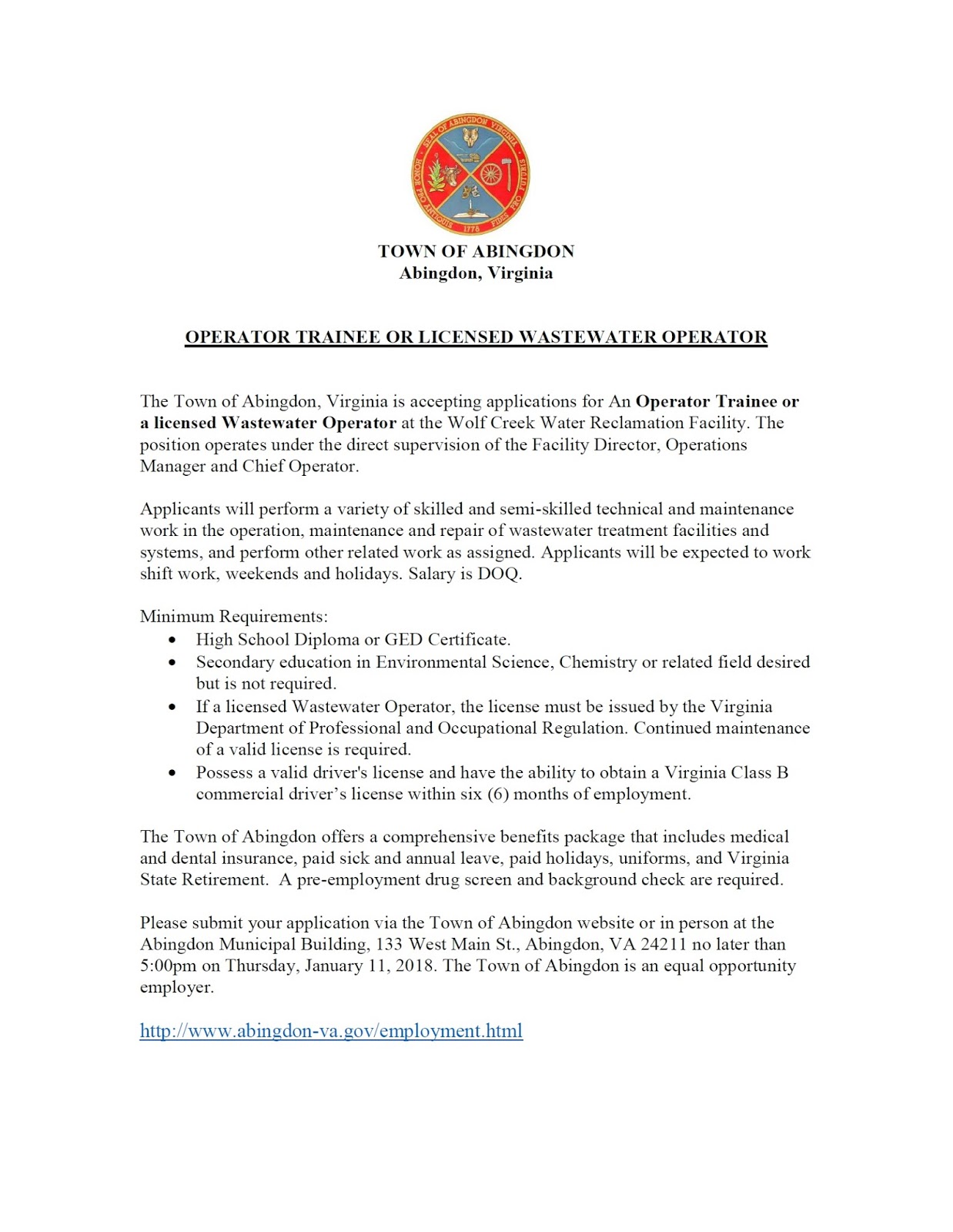 Town of Abingdon, Virginia Operator Trainee or Licensed Wastewater Operator Position