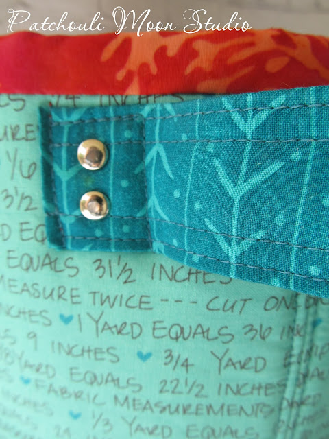 Patchouli Moon Studio~ Fabric Container to Hold Crafter's Edge Die Cuts & Plates closeup look at handles with rivets on fabric container