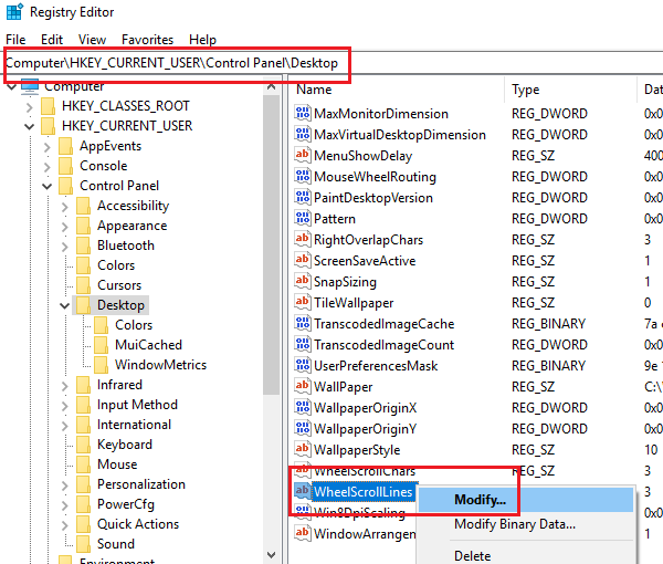 อัปเดตการตั้งค่า WheelScrollLines ผ่านรีจิสตรี