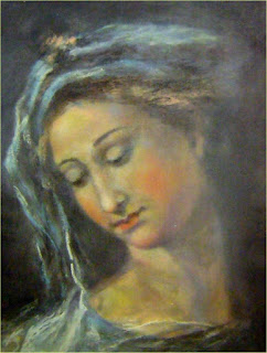 obraz fragmentu obrazu Rafaela - Madonna della Rosa, w wydaniu pastelowym, autorstwa Marka Strójwąsa