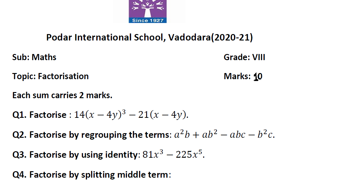 Math Ch7 Factorisation Test.