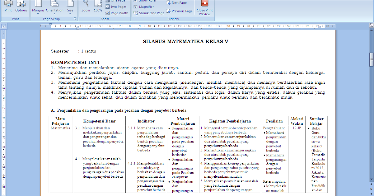Silabus matematika kelas 5 semester 1 sd/mi