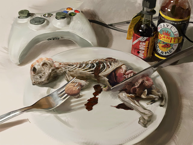 Imagen de un gato desollado servido en un plato del cual una persona come las vísceras