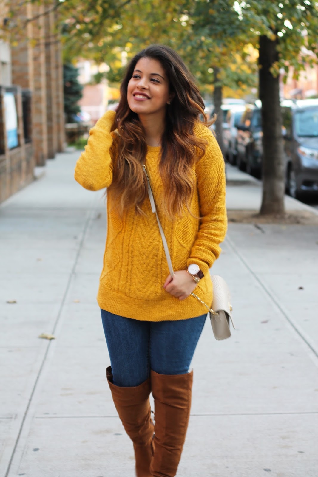 Mustard Yellow Pullover Sweater and Brown Over the Knee Boots. - New ...