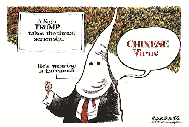Title:  A sign that Trump is taking the threat seriously . . . He's wearing a facemask.  Image:  Donald Trump in a KKK hood saying 