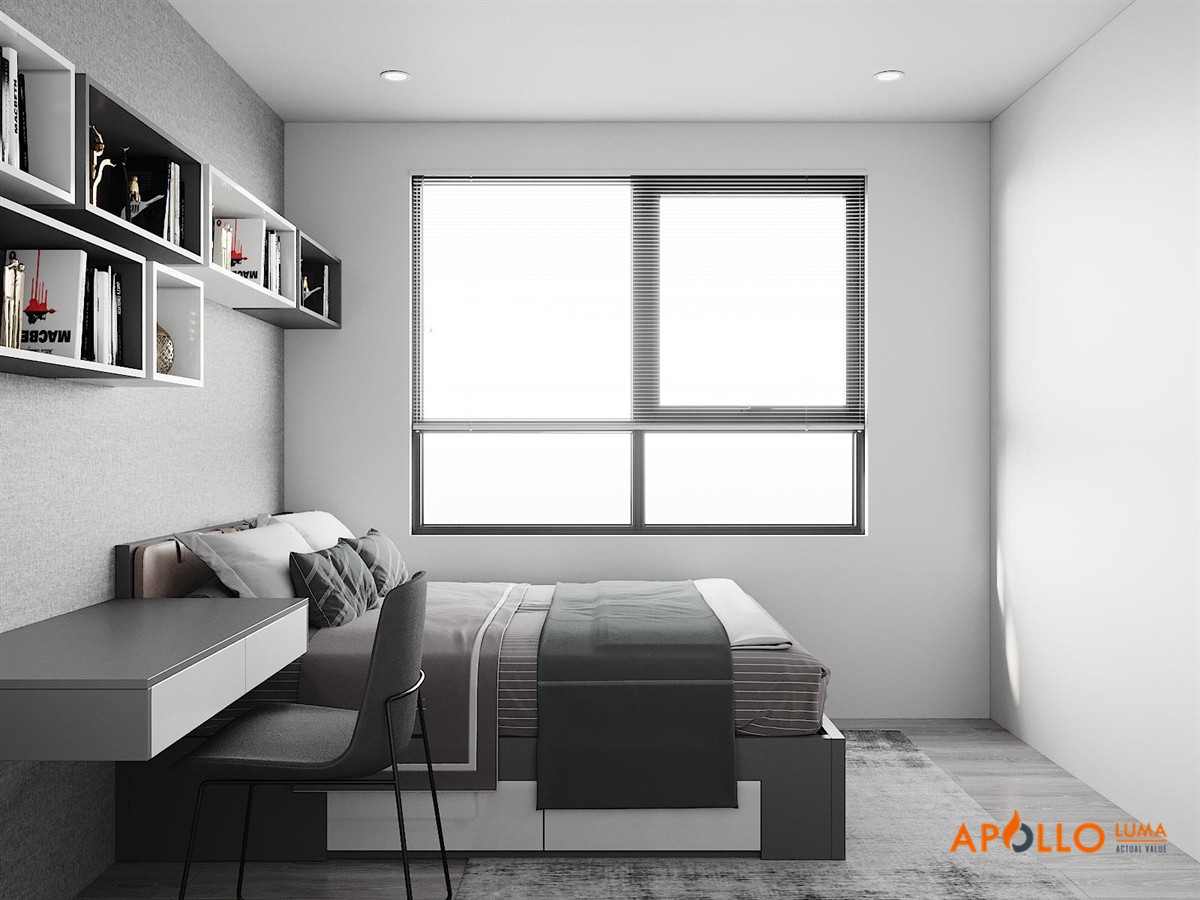 Thiết kế phòng ngủ mẫu 2:  Phong cách hiện đại  với sự kết hợp hài hòa màu ghi xám và trắng